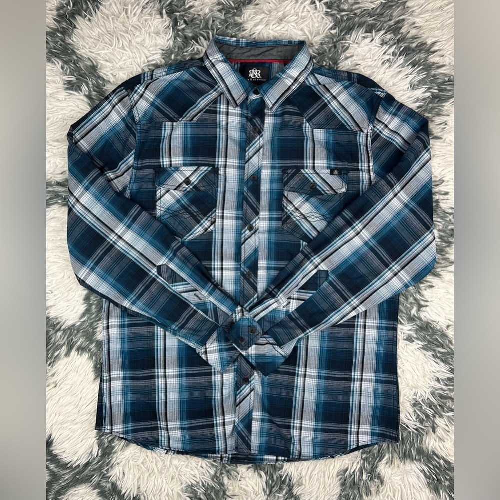 Rock & Republic Men's Blue Black White Long Sleeve Button Down Shirt Size Large